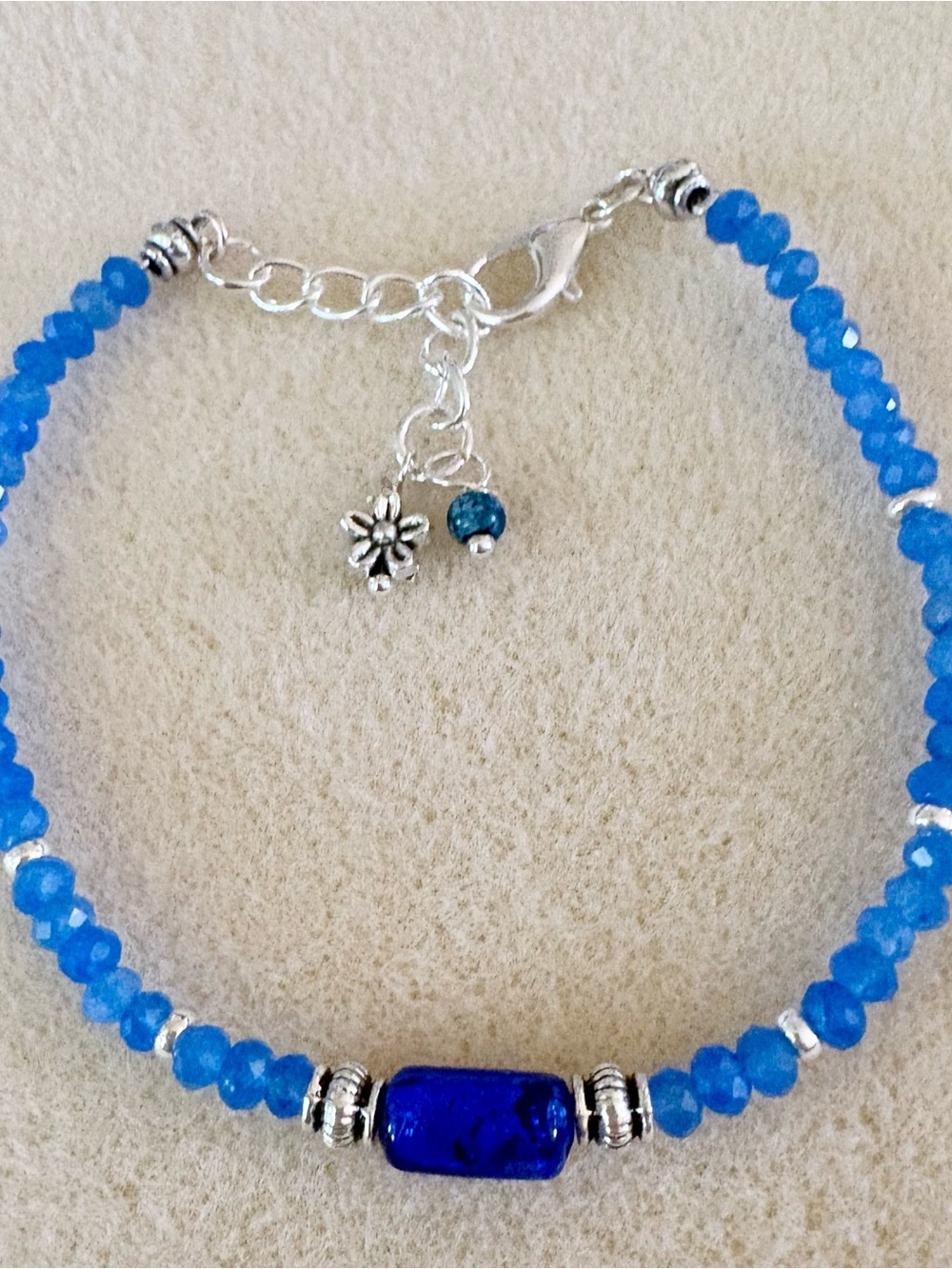 Blue Beaded Agate Bracelet with Silver Accents and Czech glass focal